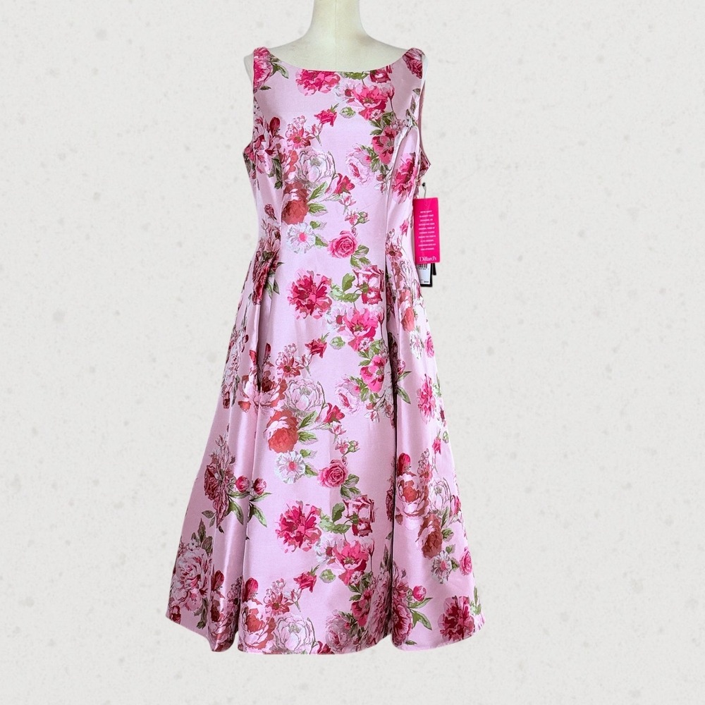 Adrianna Papell Pink Floral Jacquard Flared Dress AP1E211040 Size 14 NWT
